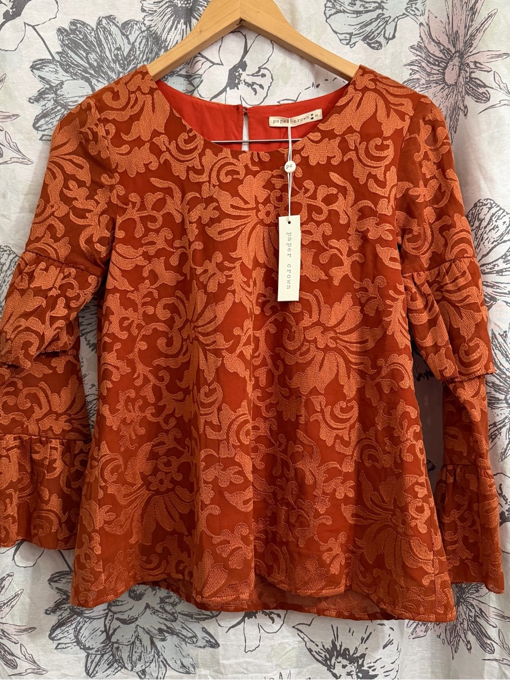 Paper Crown Rust Orange Jacquard Bell-Sleeve Blouse